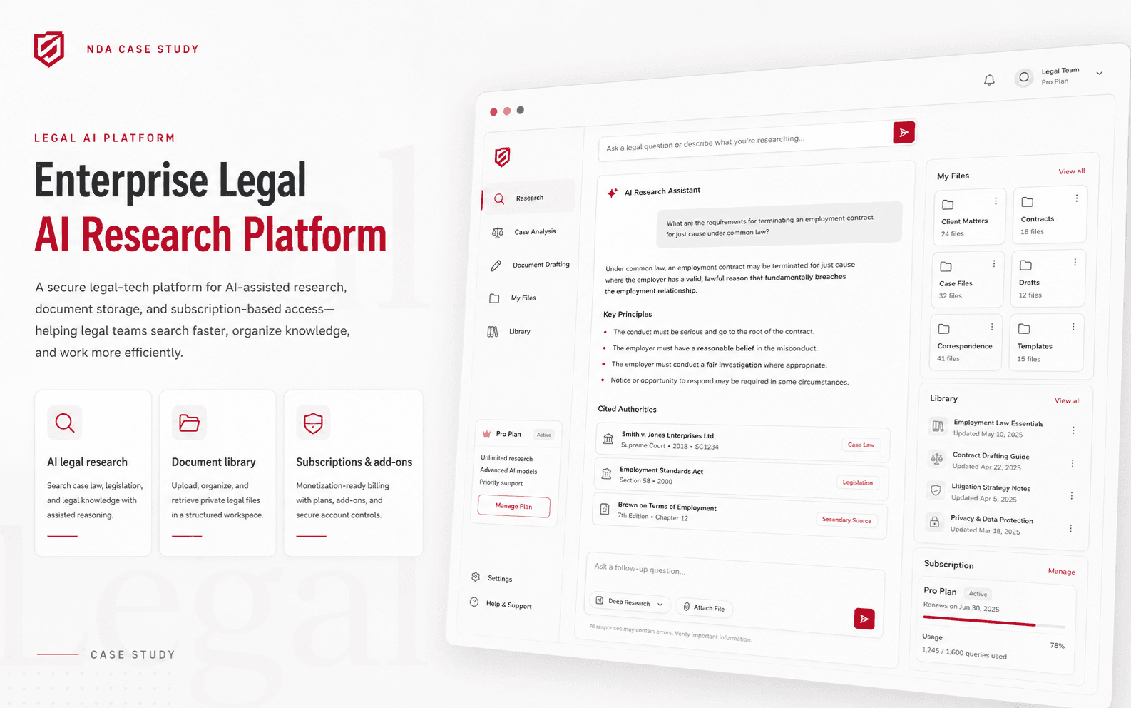 Legal AI Platform: Subscriptions, Add-ons & Document Storage, case study cover